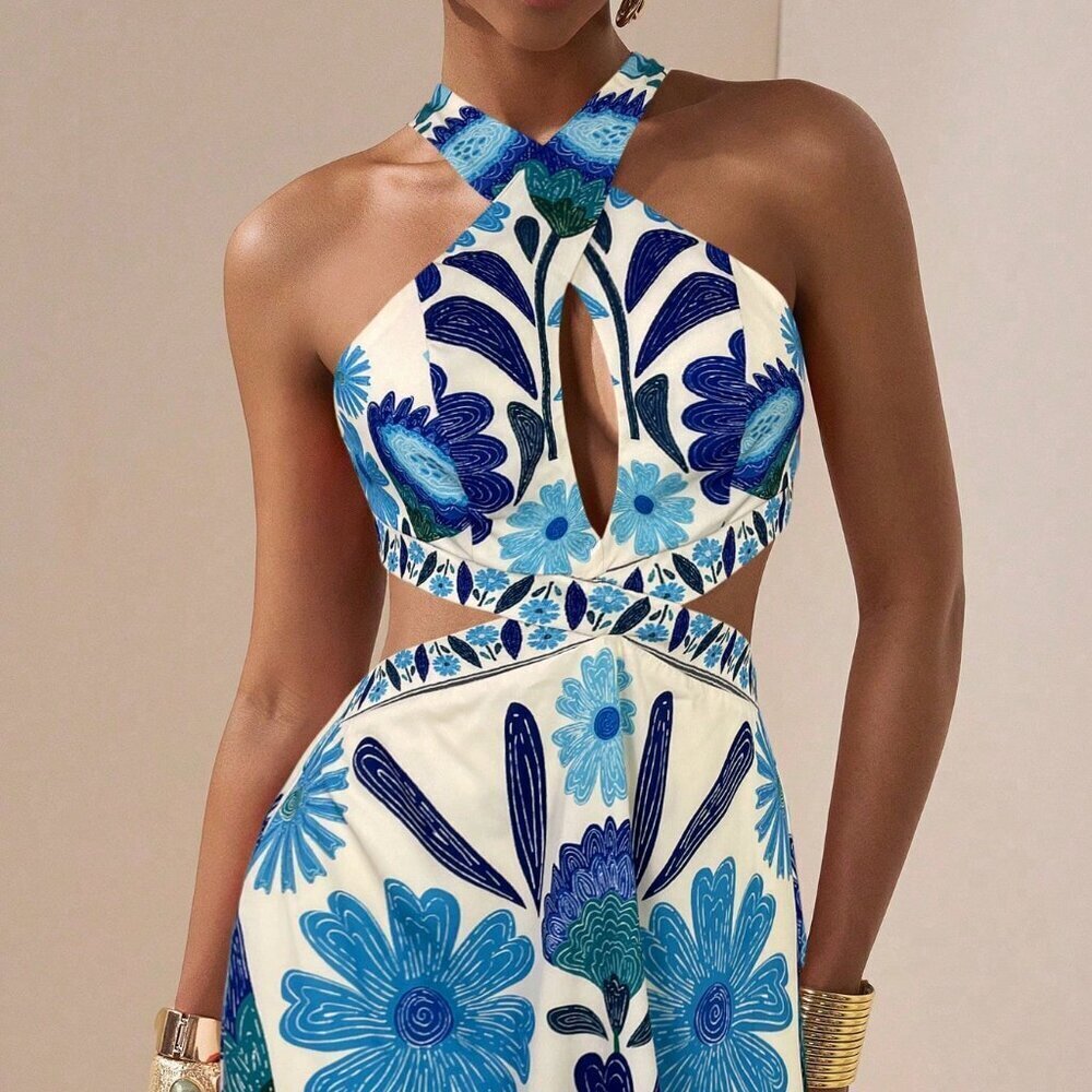 Blue Boho Women's Wave Wedding Cross Halter Neck Dress - Picture 4 of 6